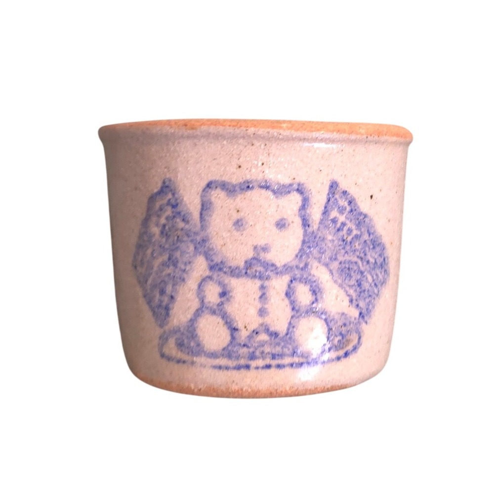 Vintage Beaumont Stoneware Miniature Crock Blue Teddy Bear Primitive Pottery